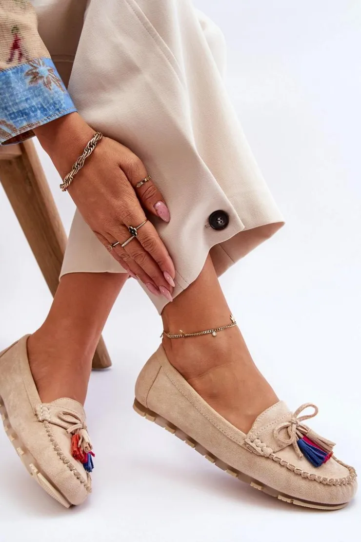 Boto Loafersy Damskie|Mokasyny Damskie Zamszowe*Zamszowe Mokasyny Z Kokardą I Frędzlami Beżowe Dorine Beżowy