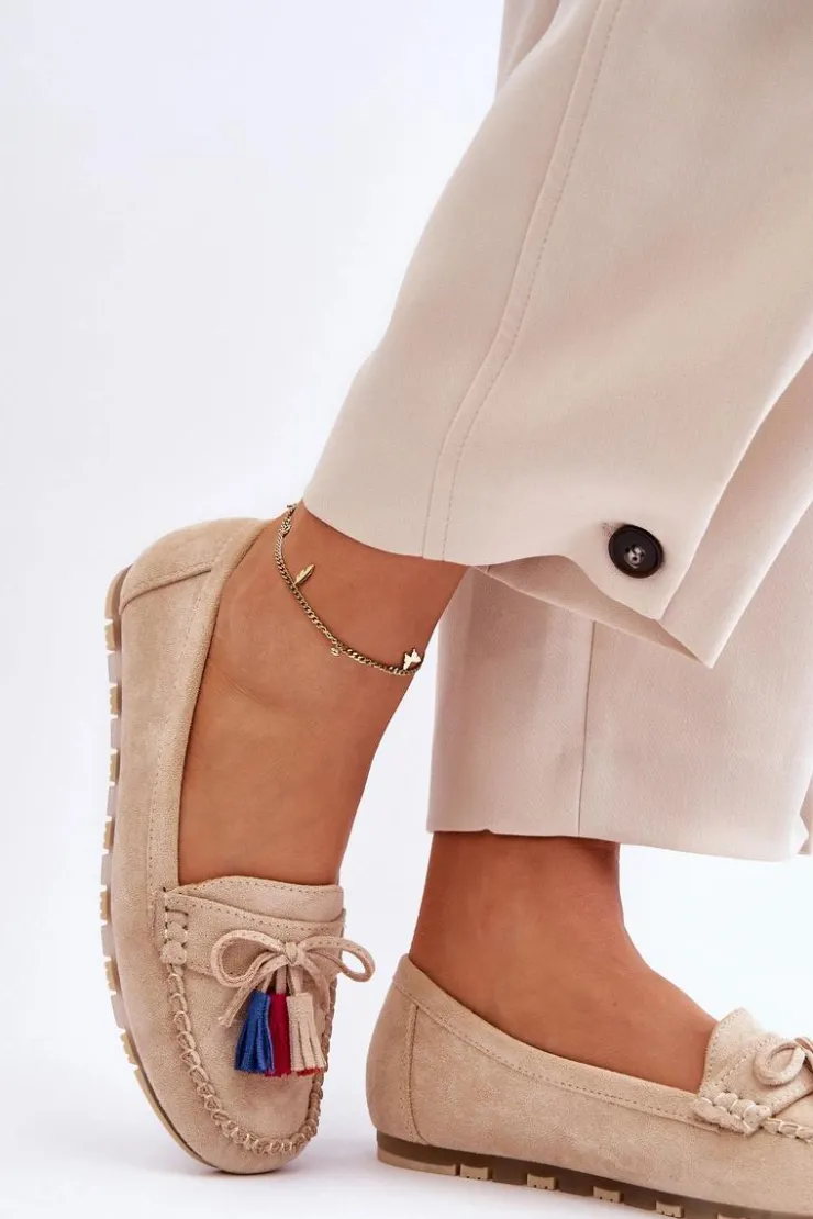 Boto Loafersy Damskie|Mokasyny Damskie Zamszowe*Zamszowe Mokasyny Z Kokardą I Frędzlami Beżowe Dorine Beżowy