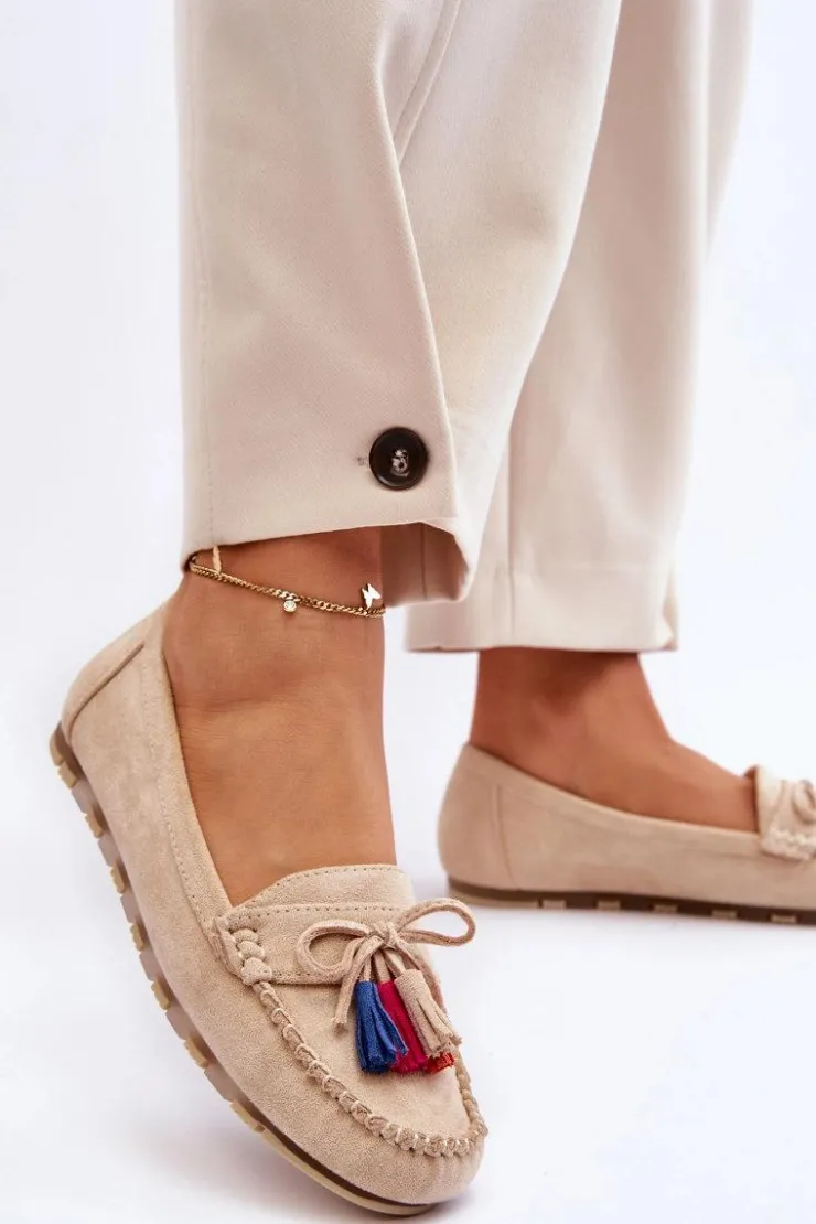 Boto Loafersy Damskie|Mokasyny Damskie Zamszowe*Zamszowe Mokasyny Z Kokardą I Frędzlami Beżowe Dorine Beżowy