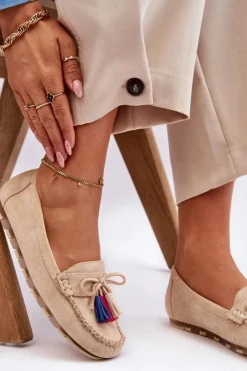 Boto Loafersy Damskie|Mokasyny Damskie Zamszowe*Zamszowe Mokasyny Z Kokardą I Frędzlami Beżowe Dorine Beżowy