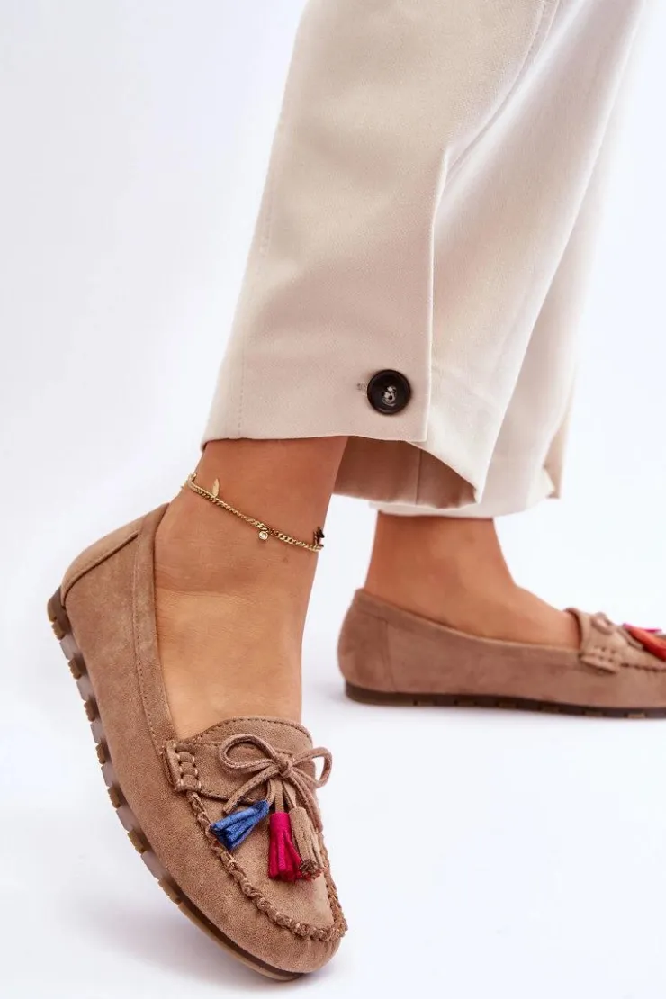 Online Boto Zamszowe Mokasyny Z Kokardą I Frędzlami Ciemnobeżowe Dorine Beżowy