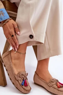 Online Boto Zamszowe Mokasyny Z Kokardą I Frędzlami Ciemnobeżowe Dorine Beżowy