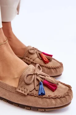 Online Boto Zamszowe Mokasyny Z Kokardą I Frędzlami Ciemnobeżowe Dorine Beżowy