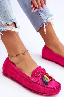 Boto Loafersy Damskie|Mokasyny Damskie Zamszowe*Zamszowe Mokasyny Z Kokardą I Frędzlami Fuksja Dorine Różowy