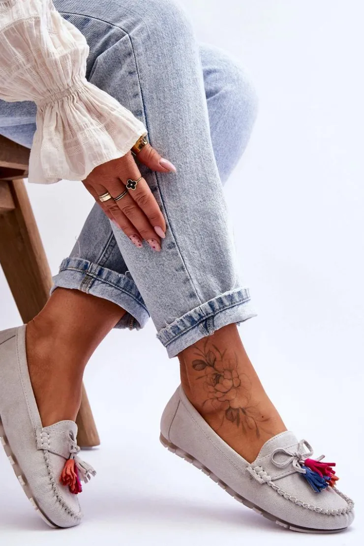 Online Boto Zamszowe Mokasyny Z Kokardą I Frędzlami Szare Dorine Szary