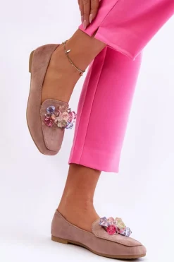 Damskie Boto Zamszowe Mokasyny Z Ozdobnymi Kryształami Ciemnobeżowe Arvilla