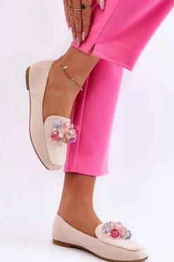 Boto Mokasyny Damskie Zamszowe*Zamszowe Mokasyny Z Ozdobnymi Kryształami Beżowe Arvilla