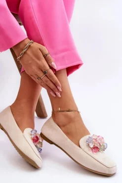 Boto Mokasyny Damskie Zamszowe*Zamszowe Mokasyny Z Ozdobnymi Kryształami Beżowe Arvilla