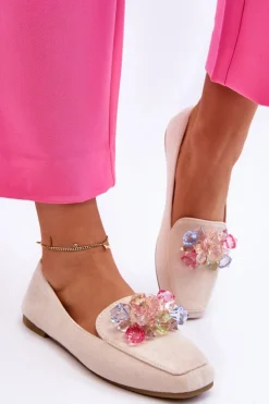 Boto Mokasyny Damskie Zamszowe*Zamszowe Mokasyny Z Ozdobnymi Kryształami Beżowe Arvilla