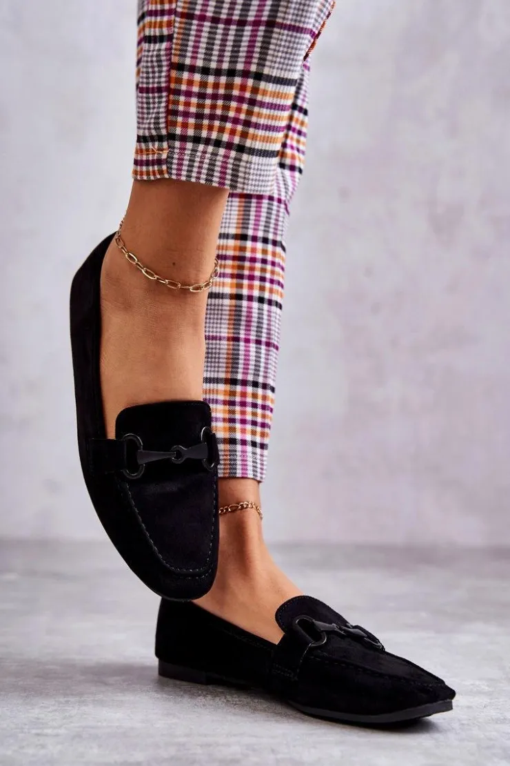 Damskie Boto Zamszowe Mokasyny Z Ozdobą Czarne Santi