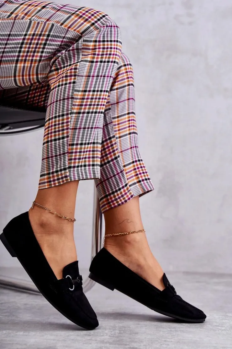 Damskie Boto Zamszowe Mokasyny Z Ozdobą Czarne Santi