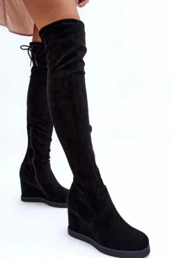 New Boto Zamszowe Muszkieterki Kozaki Na Koturnie Czarne Mephal