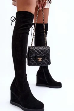 New Boto Zamszowe Muszkieterki Kozaki Na Koturnie Czarne Mephal