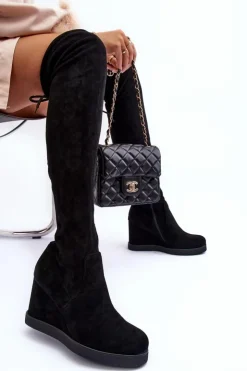 New Boto Zamszowe Muszkieterki Kozaki Na Koturnie Czarne Mephal