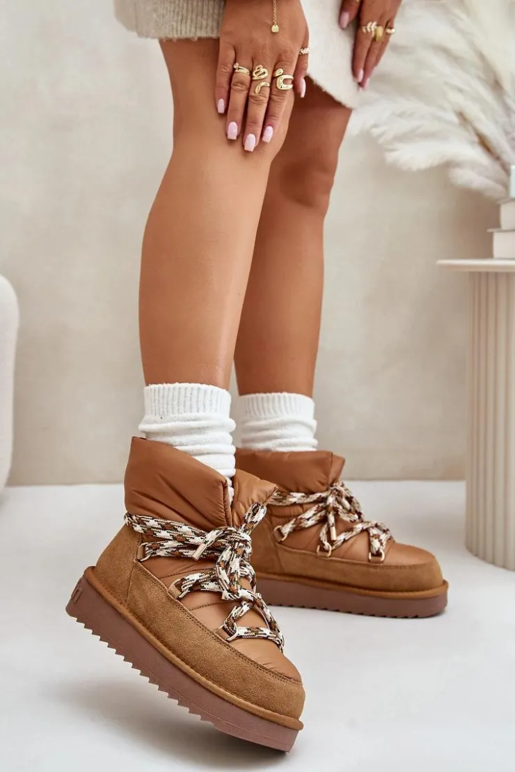 Damskie D.Franklin Zamszowe Śniegowce Damskie Z Grubym Sznurowaniem DFSH375003 Brązowe