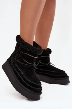 New Big Star Shoes Zamszowe Śniegowce Damskie Z Ozdobnymi Przeszyciami Big Star SS274372 Czarne Czarny