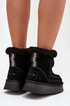 New Big Star Shoes Zamszowe Śniegowce Damskie Z Ozdobnymi Przeszyciami Big Star SS274372 Czarne Czarny