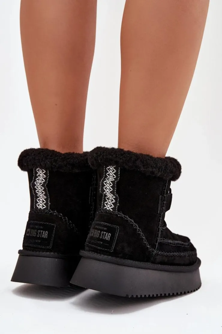 New Big Star Shoes Zamszowe Śniegowce Damskie Z Ozdobnymi Przeszyciami Big Star SS274372 Czarne Czarny