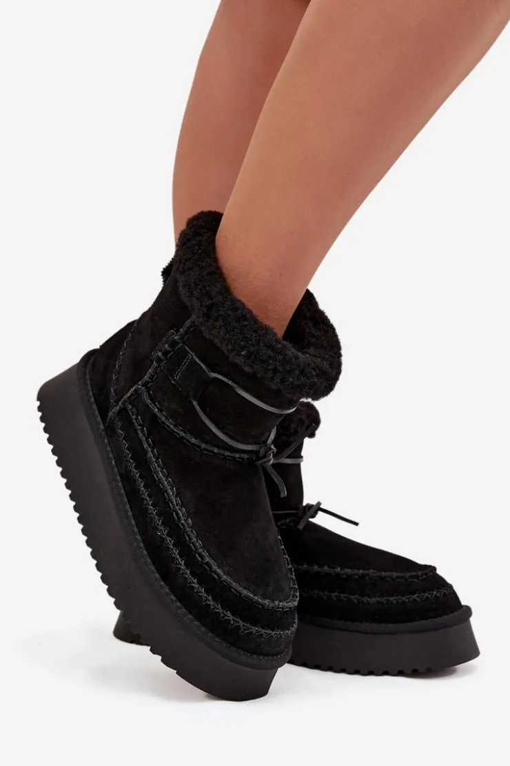 New Big Star Shoes Zamszowe Śniegowce Damskie Z Ozdobnymi Przeszyciami Big Star SS274372 Czarne Czarny