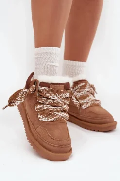 Buty damskie Vinceza Śniegowce Damskie*Zamszowe Śniegowce Damskie Z Futerkiem I Grubym Sznurowaniem Vinceza 97963 Camel