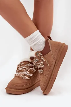 Buty damskie Vinceza Śniegowce Damskie*Zamszowe Śniegowce Damskie Z Futerkiem I Grubym Sznurowaniem Vinceza 97963 Camel