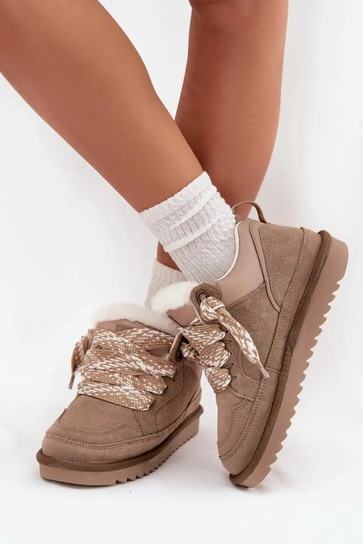 Damskie Buty damskie Vinceza Zamszowe Śniegowce Damskie Z Futerkiem I Grubym Sznurowaniem Vinceza 97963 Beżowe