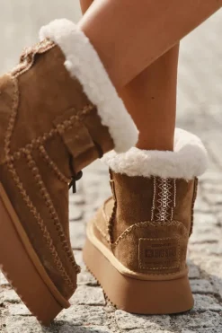 Big Star Shoes Śniegowce Damskie*Zamszowe Śniegowce Damskie Z Ozdobnymi Przeszyciami Big Star SS274373 Camel Brązowy