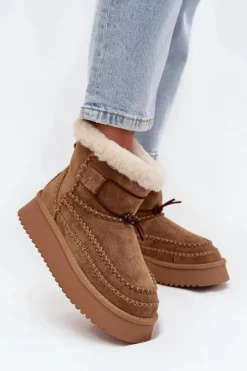 Big Star Shoes Śniegowce Damskie*Zamszowe Śniegowce Damskie Z Ozdobnymi Przeszyciami Big Star SS274373 Camel Brązowy