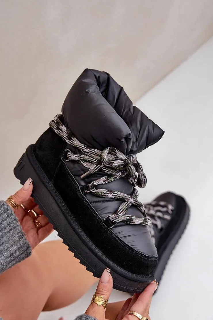 Damskie D.Franklin Zamszowe Śniegowce Damskie Z Grubym Sznurowaniem DFSH375003 Czarne