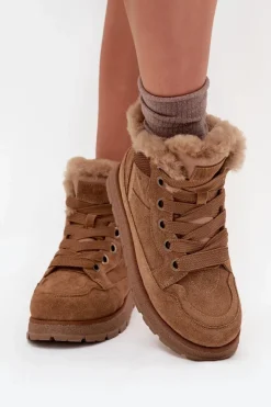 Outlet Big Star Shoes Zamszowe Śniegowce Trapery Damskie Na Platformie Z Futerkiem Big Star SS274370 Camel Brązowy