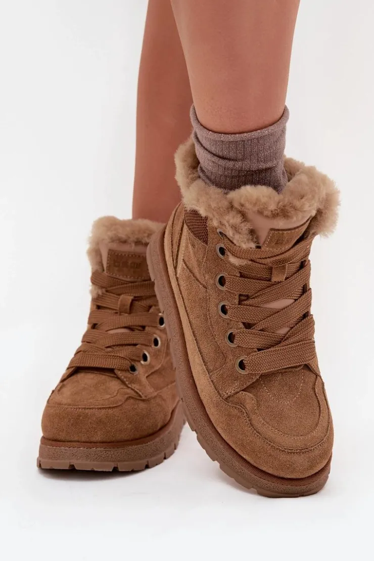 Outlet Big Star Shoes Zamszowe Śniegowce Trapery Damskie Na Platformie Z Futerkiem Big Star SS274370 Camel Brązowy