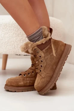 Outlet Big Star Shoes Zamszowe Śniegowce Trapery Damskie Na Platformie Z Futerkiem Big Star SS274370 Camel Brązowy