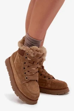 Outlet Big Star Shoes Zamszowe Śniegowce Trapery Damskie Na Platformie Z Futerkiem Big Star SS274370 Camel Brązowy