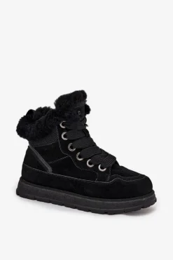 Big Star Shoes Śniegowce Damskie*Zamszowe Śniegowce Trapery Damskie Na Platformie Z Futerkiem Big Star SS274369 Czarne Czarny