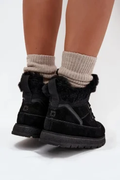 Big Star Shoes Śniegowce Damskie*Zamszowe Śniegowce Trapery Damskie Na Platformie Z Futerkiem Big Star SS274369 Czarne Czarny
