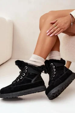 Big Star Shoes Śniegowce Damskie*Zamszowe Śniegowce Trapery Damskie Na Platformie Z Futerkiem Big Star SS274369 Czarne Czarny