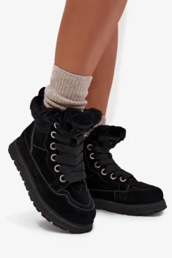 Big Star Shoes Śniegowce Damskie*Zamszowe Śniegowce Trapery Damskie Na Platformie Z Futerkiem Big Star SS274369 Czarne Czarny