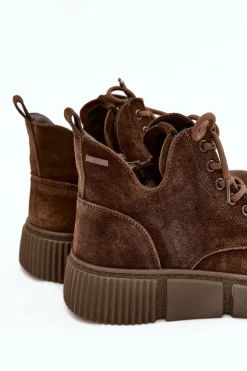 Big Star Shoes Botki Ocieplane|Damskie Trapery*Zamszowe Niskie Botki Damskie Na Platformie Big Star SS274595 Brązowe Brązowy