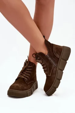 Big Star Shoes Botki Ocieplane|Damskie Trapery*Zamszowe Niskie Botki Damskie Na Platformie Big Star SS274595 Brązowe Brązowy