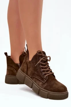 Big Star Shoes Botki Ocieplane|Damskie Trapery*Zamszowe Niskie Botki Damskie Na Platformie Big Star SS274595 Brązowe Brązowy