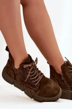 Big Star Shoes Botki Ocieplane|Damskie Trapery*Zamszowe Niskie Botki Damskie Na Platformie Big Star SS274595 Brązowe Brązowy