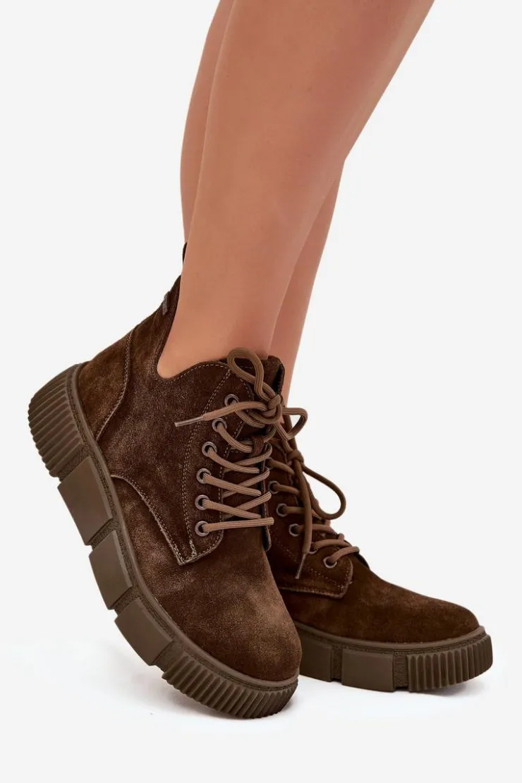 Big Star Shoes Botki Ocieplane|Damskie Trapery*Zamszowe Niskie Botki Damskie Na Platformie Big Star SS274595 Brązowe Brązowy