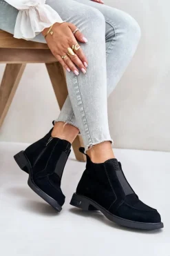 Damskie Damskie buty S.Barski Zamszowe Niskie Botki Na Płaskim Obcasie Ocieplane D&A JC42-23 Czarne