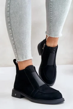 Damskie Damskie buty S.Barski Zamszowe Niskie Botki Na Płaskim Obcasie Ocieplane D&A JC42-23 Czarne