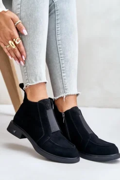 Damskie Damskie buty S.Barski Zamszowe Niskie Botki Na Płaskim Obcasie Ocieplane D&A JC42-23 Czarne