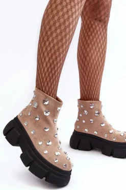 Damskie Damskie buty S.Barski Zamszowe Ocieplane Botki Z Kryształkami D&A MR870-83 Beżowe