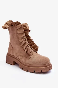 Boto Botki Zimowe Damskie|Brązowe I Beżowe Botki*Zamszowe Ocieplane Botki Workery Na Płaskim Obcasie Beżowe Nacelle