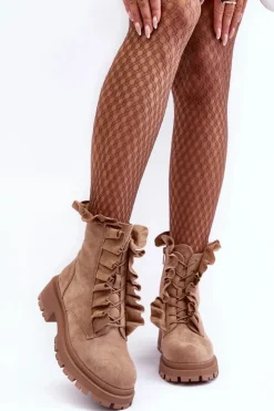 Boto Botki Zimowe Damskie|Brązowe I Beżowe Botki*Zamszowe Ocieplane Botki Workery Na Płaskim Obcasie Beżowe Nacelle