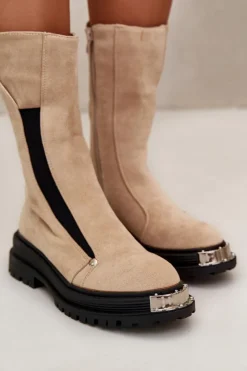 Damskie Boto Zamszowe Ocieplane Botki Na Płaskim Obcasie Jasnobeżowe Palimra