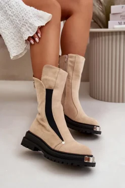 Damskie Boto Zamszowe Ocieplane Botki Na Płaskim Obcasie Jasnobeżowe Palimra